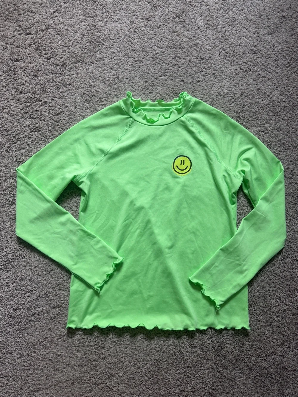 Kids Neon Green Long-Sleeve Ruffle Rash Guard with Smiley Detail - Size 8